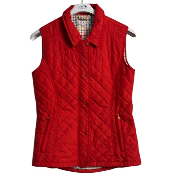 Peter Millar | Small | Women's Red Quilted Lightweight Rainbow Plaid Lined Vest - Picture 1 of 7